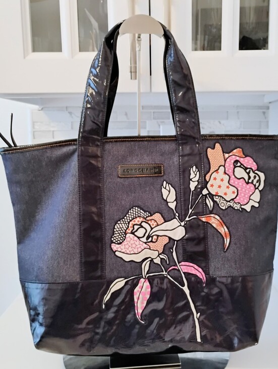Longchamp Handbags - GUC Longchamp Denim & Patent Leather Tote Bag - Floral Appliqué
